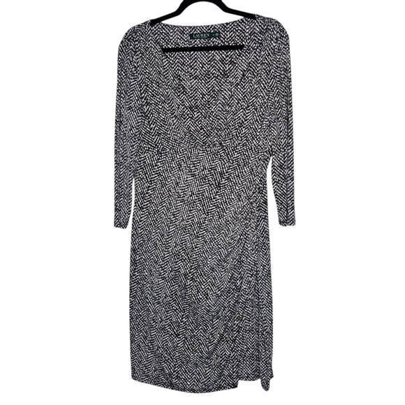 Ralph Lauren 14 Grey Patterned Sheath Dress Cocktail Office Career 3/4 Sleeve - Picture 1 of 6